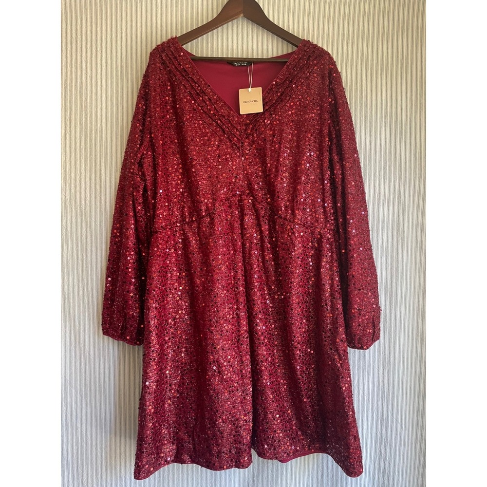 BloomChic Burgundy Red‎ Sequin V-Neck Long Sleeve Mini Dress Plus Size 22-24 NWT